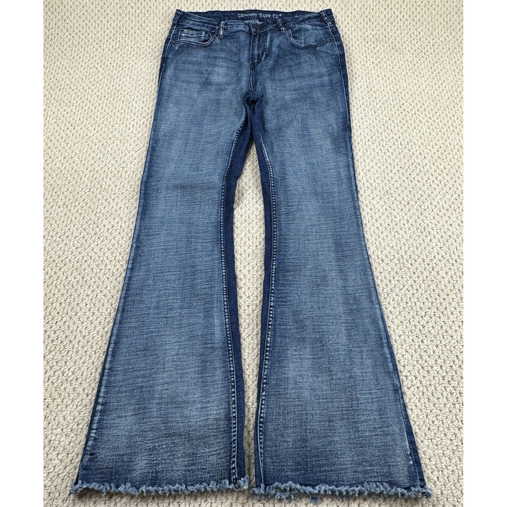 Cowgirl Tuff Jean Women 32 Blue Boot Flare Fray Livin On The Edge 2 Tone Denim